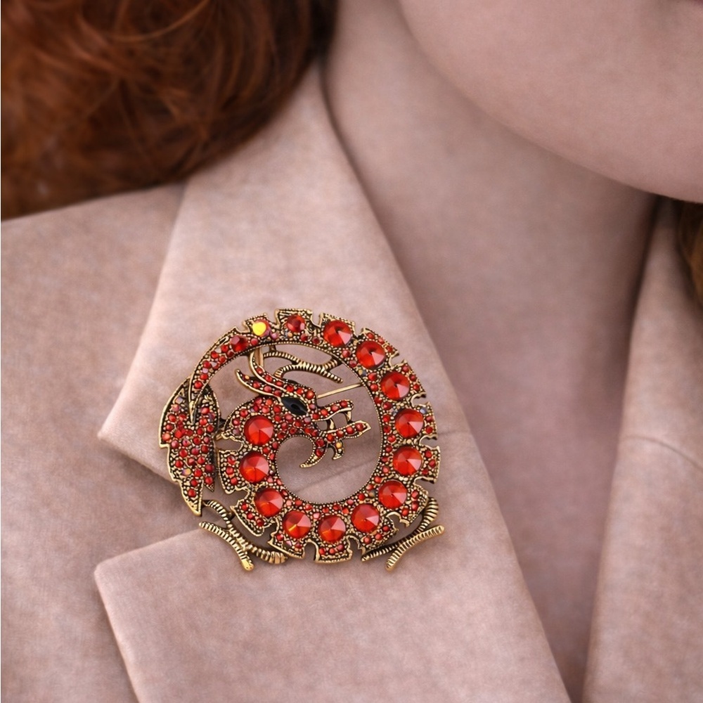 Red Dragon Crystal Gold Brooch